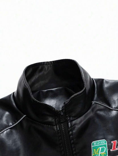 Men Long Sleeve Printed PU Leather Jacket, For Fall, Grunge