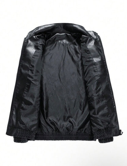 Men Long Sleeve Printed PU Leather Jacket, For Fall, Grunge